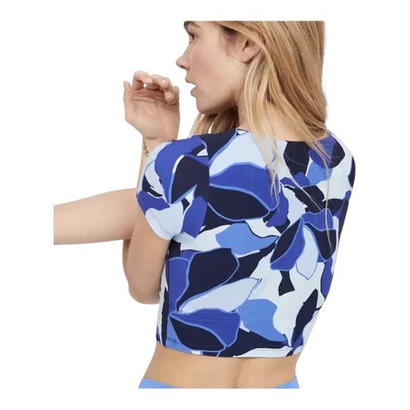 OFFLINE by aerie NWOT Women’s Real Me Ruched Crop T Shirt Small Blue Black Print - Picture 2 of 10